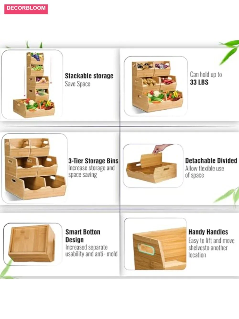 Bamboo Stackable Pantry Storage Bins 3-Tier Potato Onion Basket